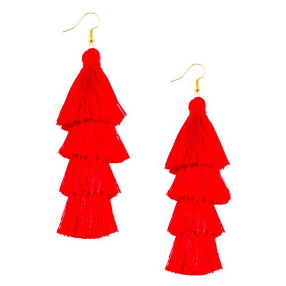 ๐3/$30 New Red Silk Tassel Earrings - Picture 2 of 3